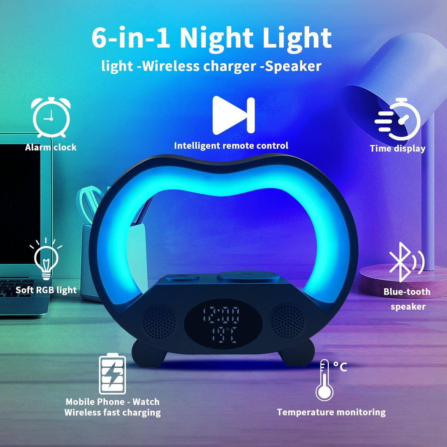 6-in-1 Wireless Charging Night Light with Bluetooth Speaker & Atmosphere Lamp