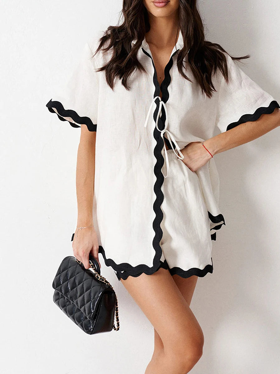 Women s 2-Piece Pajama Set with Ric-Rac Trim Short Sleeve Top and Matching Shorts - Cozy Loungewear Sleepwear Ensemble