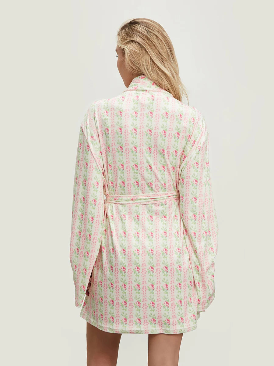 Elegant Floral Print Long Sleeve Belted Robe | Women's Lapel Collar Nightwear with Pockets.