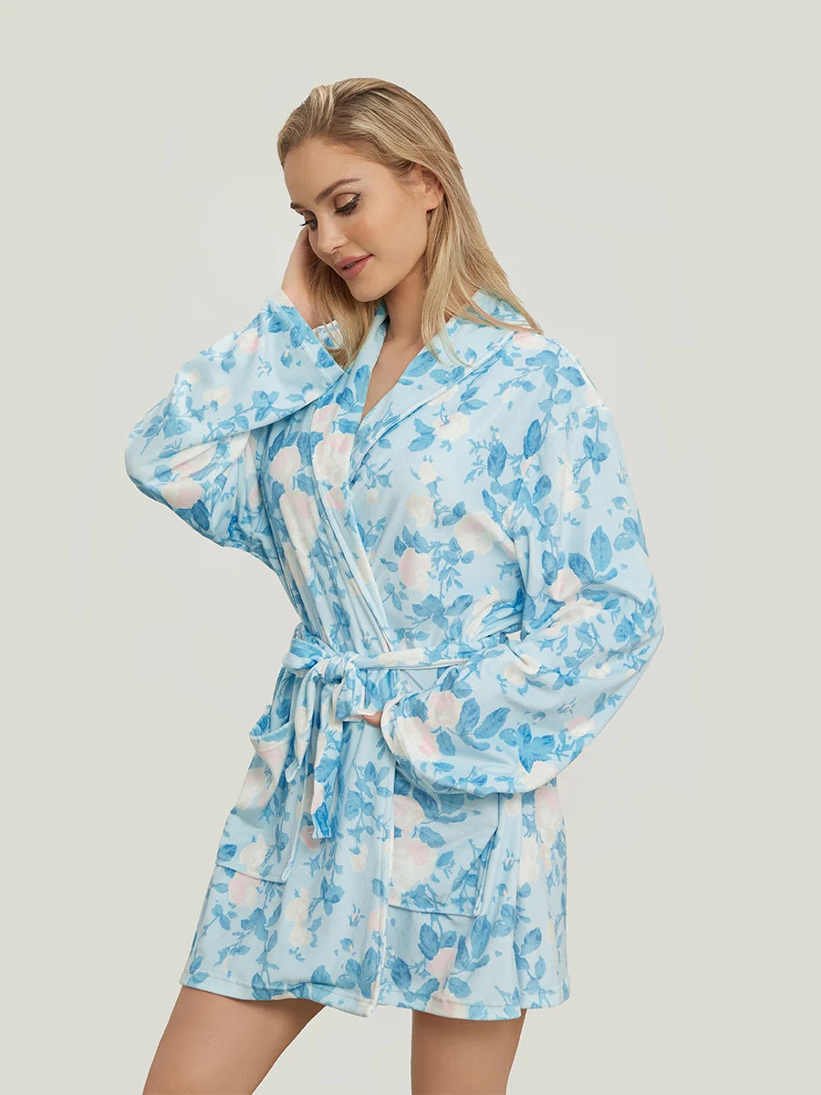 Elegant Floral Print Long Sleeve Belted Robe | Women's Lapel Collar Nightwear with Pockets.