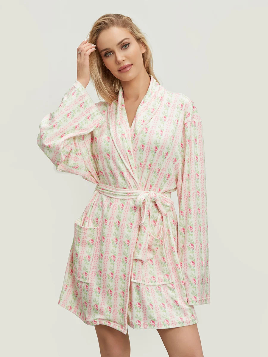 Elegant Floral Print Long Sleeve Belted Robe | Women's Lapel Collar Nightwear with Pockets.