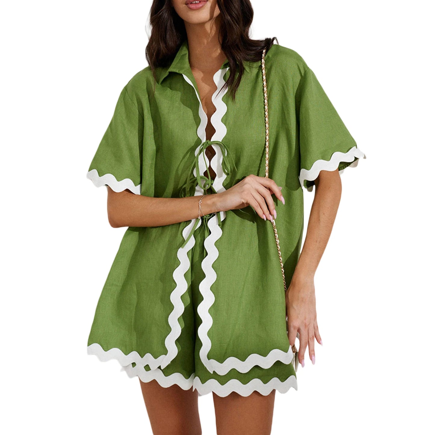Women s 2-Piece Pajama Set with Ric-Rac Trim Short Sleeve Top and Matching Shorts - Cozy Loungewear Sleepwear Ensemble