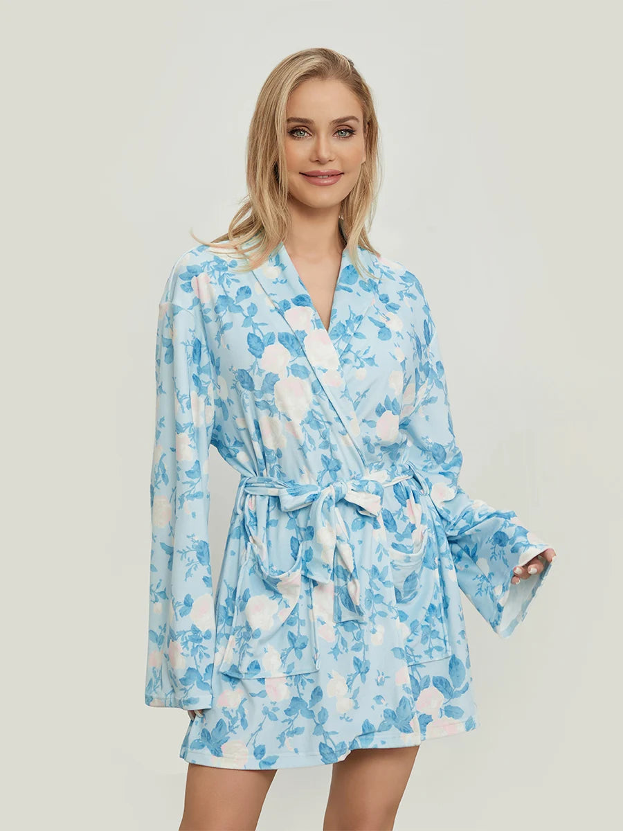 Elegant Floral Print Long Sleeve Belted Robe | Women's Lapel Collar Nightwear with Pockets.