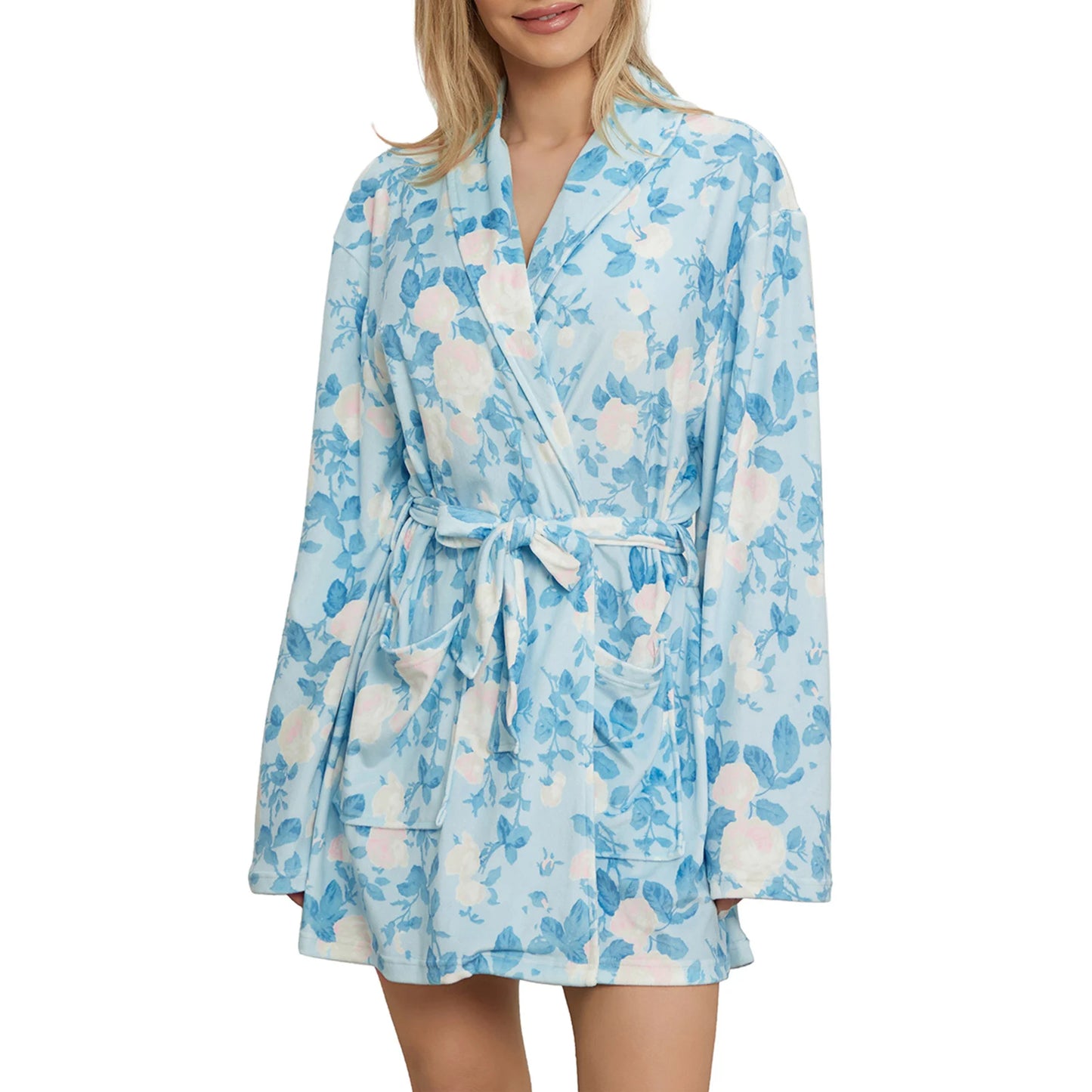 Elegant Floral Print Long Sleeve Belted Robe | Women's Lapel Collar Nightwear with Pockets.