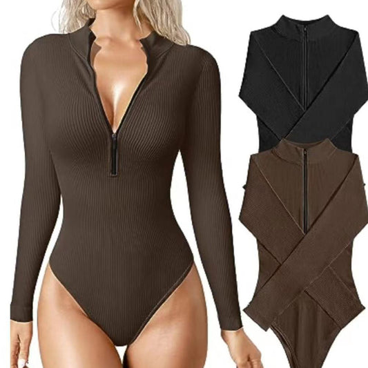 Sleek Slimming Jumpsuit – Long Sleeve Zipper Romper for Confident Women