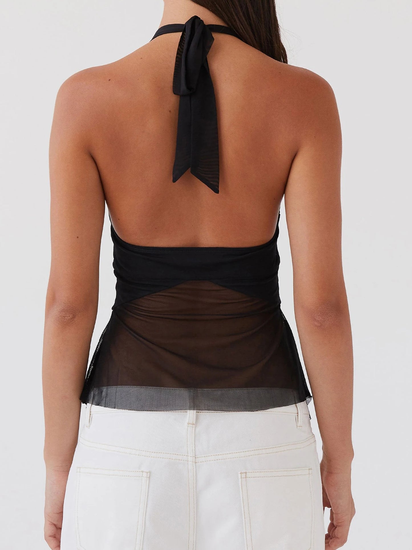 Vintage Lace Sleeveless Halter Top – Open Back Sheer Mesh Blouse for Edgy Street Style