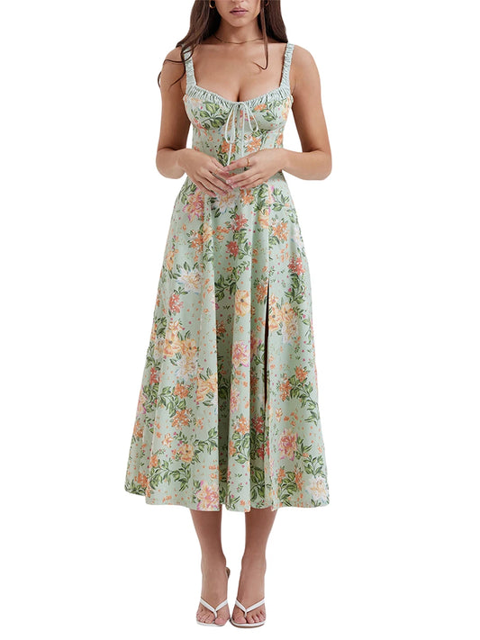 Women’s Summer Floral Midi Dress – Sleeveless Low-Cut Sling Backless Casual Fashion Dress