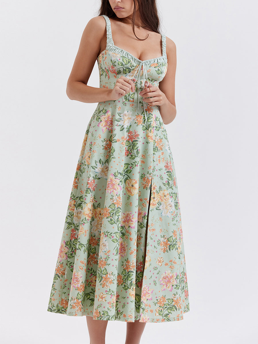 Women’s Summer Floral Midi Dress – Sleeveless Low-Cut Sling Backless Casual Fashion Dress