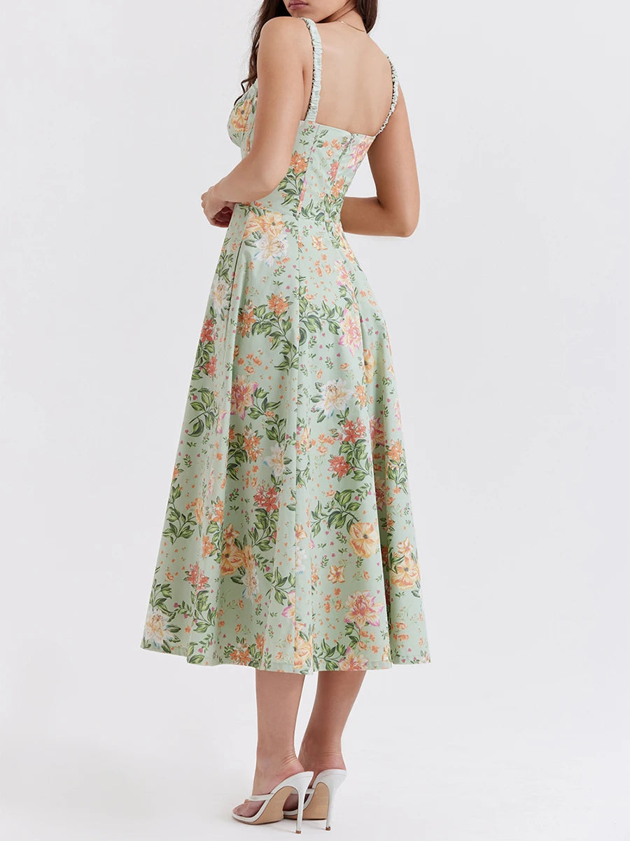 Women’s Summer Floral Midi Dress – Sleeveless Low-Cut Sling Backless Casual Fashion Dress