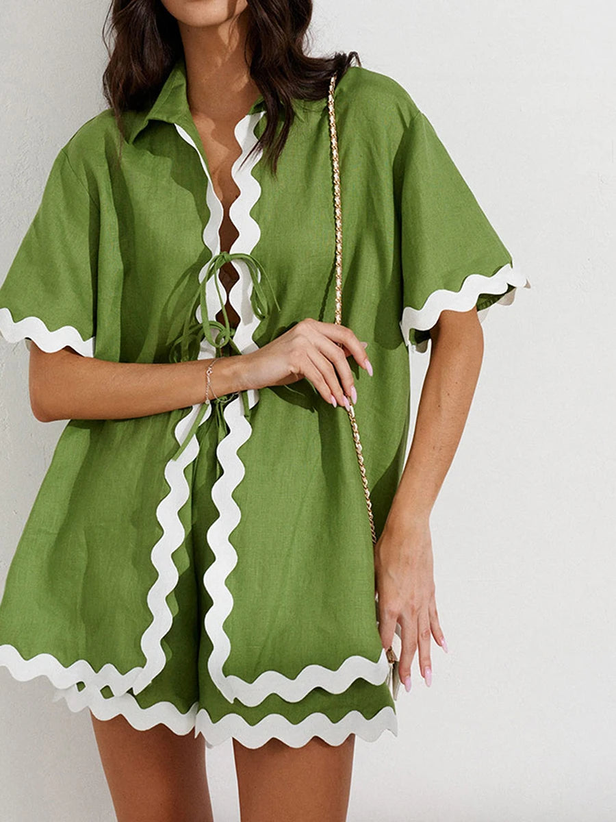 Women s 2-Piece Pajama Set with Ric-Rac Trim Short Sleeve Top and Matching Shorts - Cozy Loungewear Sleepwear Ensemble