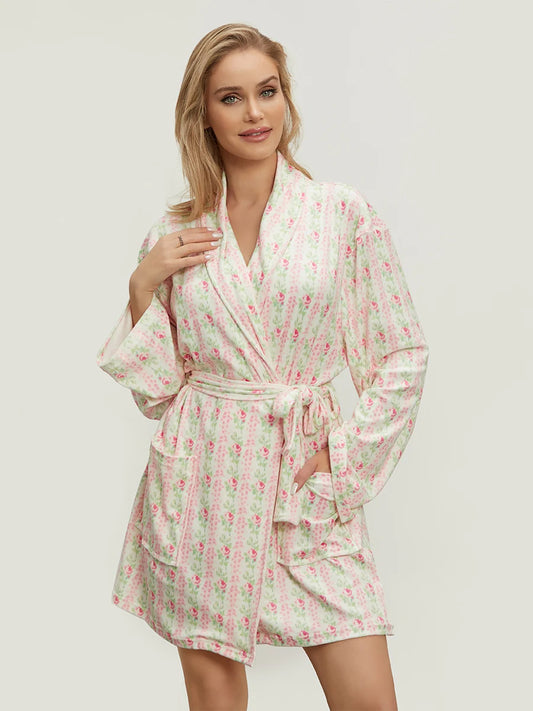 Elegant Floral Print Long Sleeve Belted Robe | Women's Lapel Collar Nightwear with Pockets.