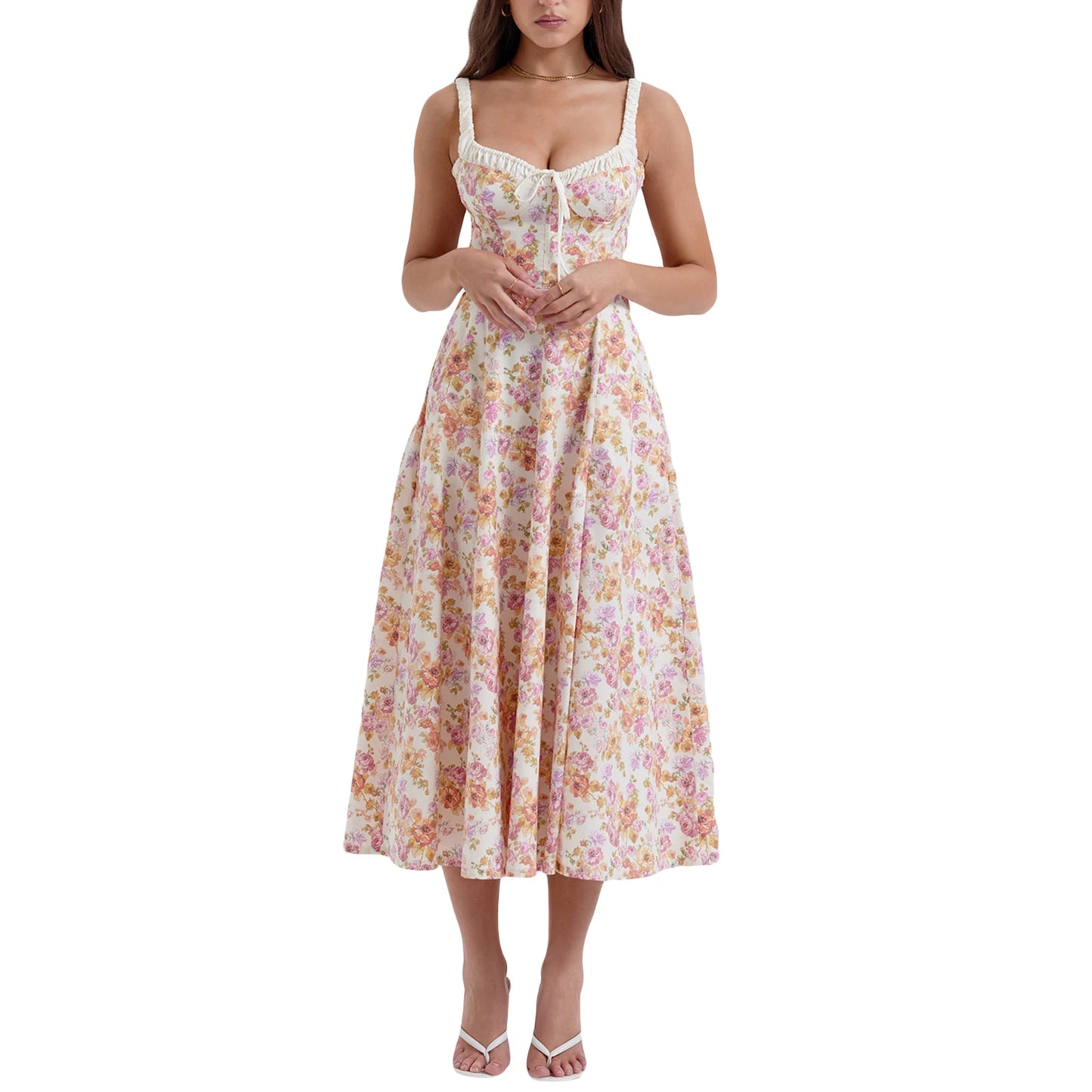Women’s Summer Floral Midi Dress – Sleeveless Low-Cut Sling Backless Casual Fashion Dress