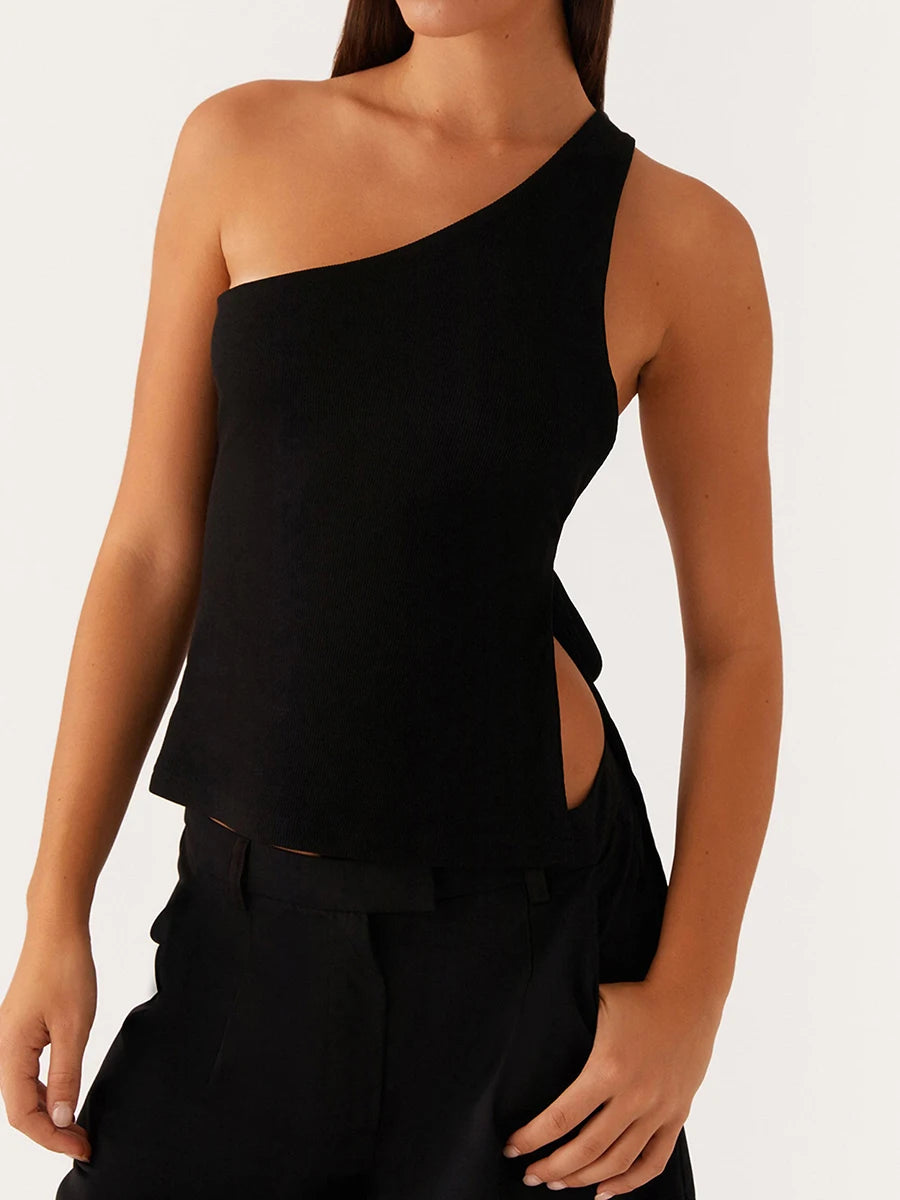 Elegant One-Shoulder Women’s Blouse – Sleeveless Summer Top with Stylish Side Knot Design