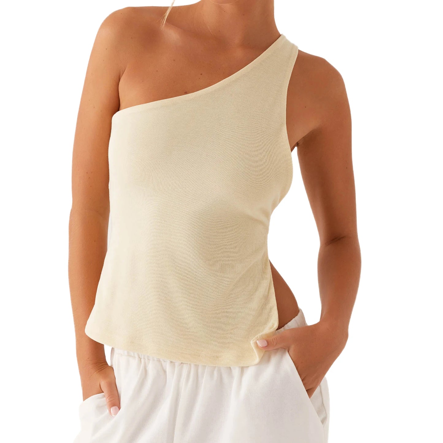 Elegant One-Shoulder Women’s Blouse – Sleeveless Summer Top with Stylish Side Knot Design
