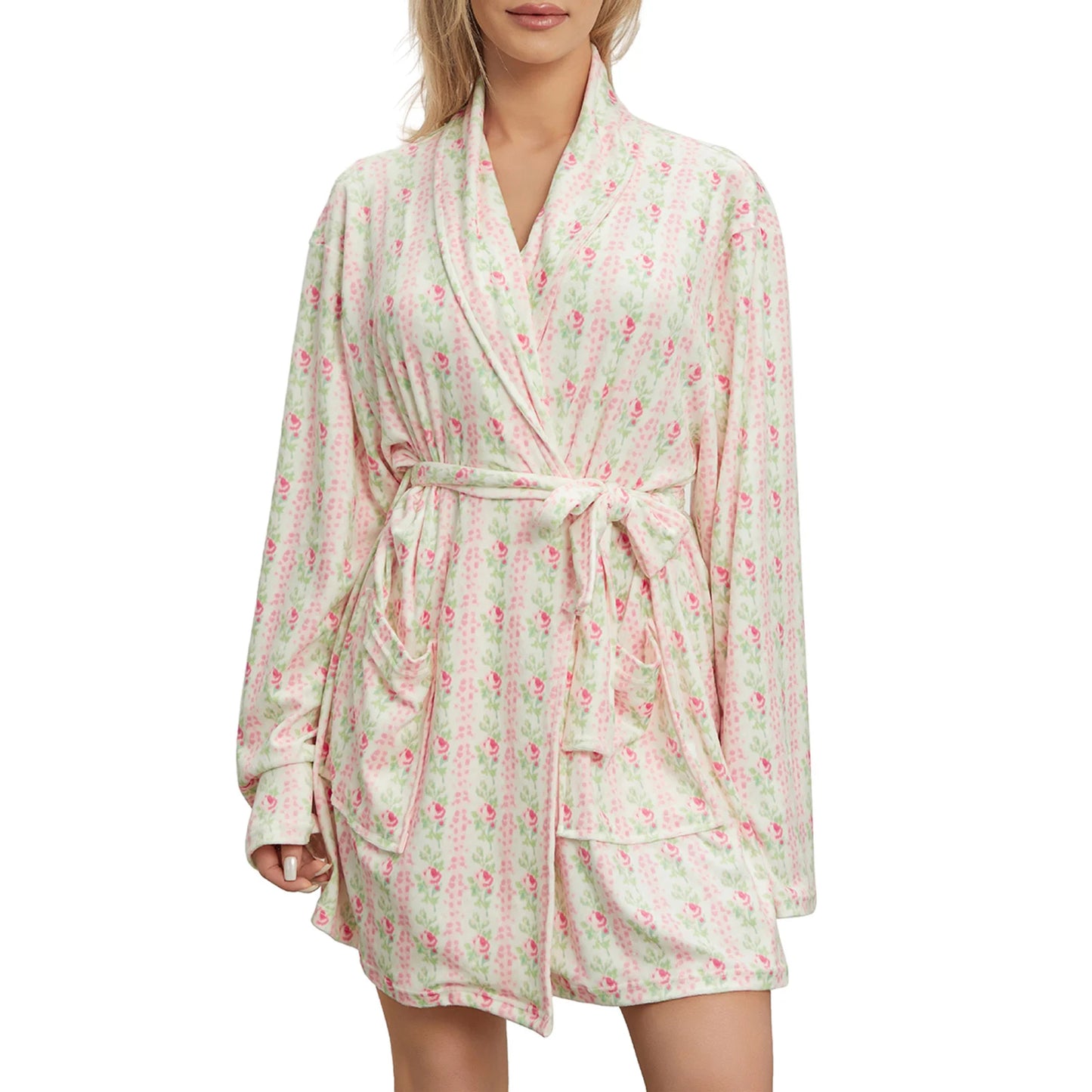 Elegant Floral Print Long Sleeve Belted Robe | Women's Lapel Collar Nightwear with Pockets.