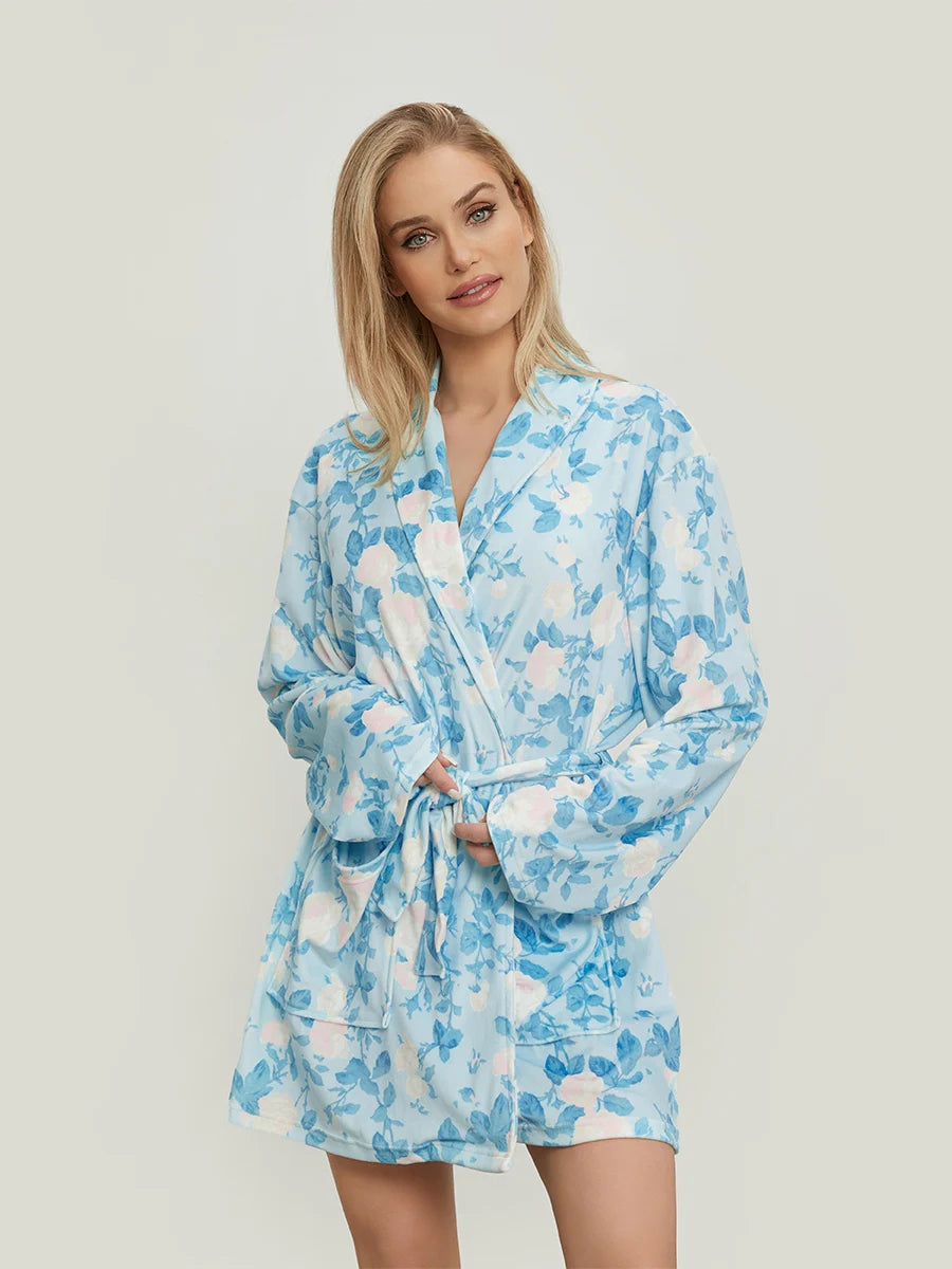 Elegant Floral Print Long Sleeve Belted Robe | Women's Lapel Collar Nightwear with Pockets.