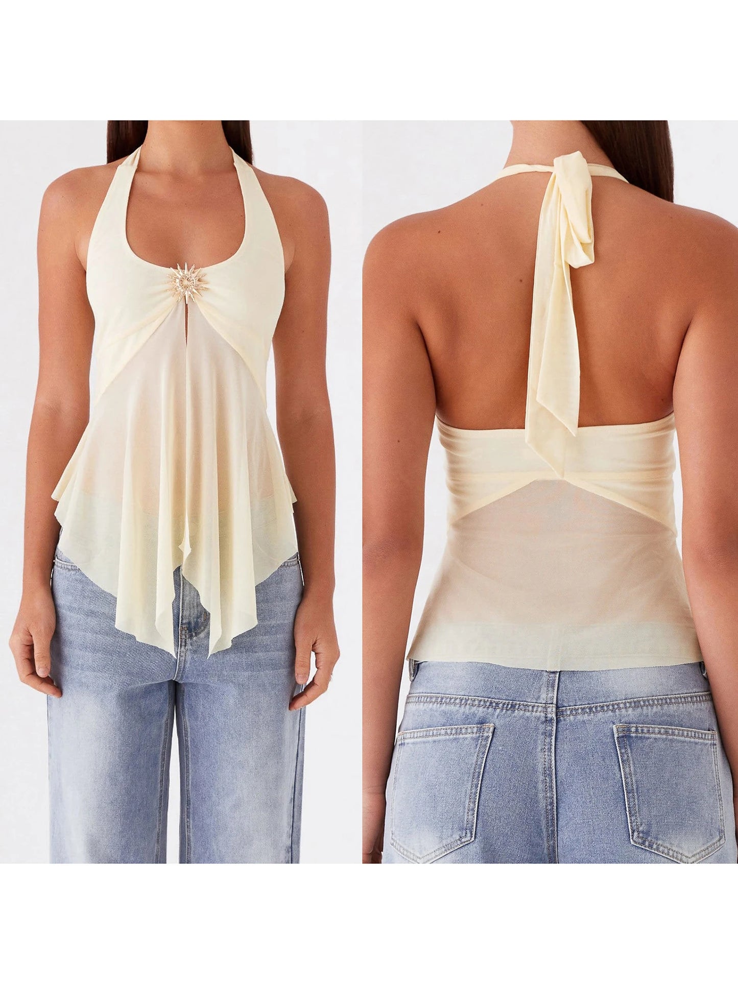 Vintage Lace Sleeveless Halter Top – Open Back Sheer Mesh Blouse for Edgy Street Style