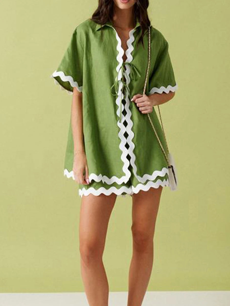 Women s 2-Piece Pajama Set with Ric-Rac Trim Short Sleeve Top and Matching Shorts - Cozy Loungewear Sleepwear Ensemble