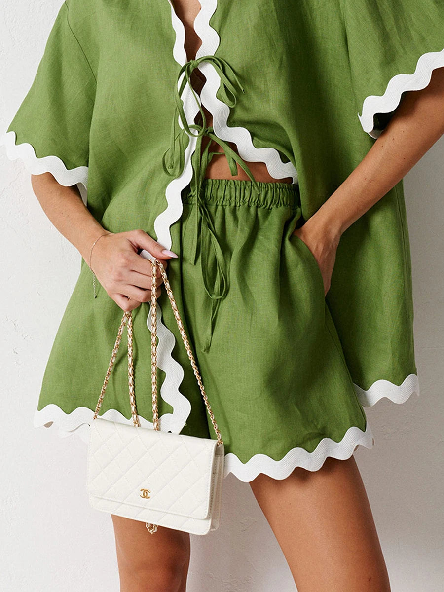 Women s 2-Piece Pajama Set with Ric-Rac Trim Short Sleeve Top and Matching Shorts - Cozy Loungewear Sleepwear Ensemble