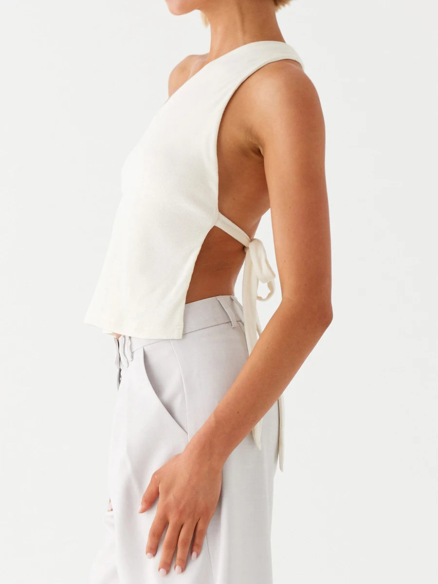 Elegant One-Shoulder Women’s Blouse – Sleeveless Summer Top with Stylish Side Knot Design