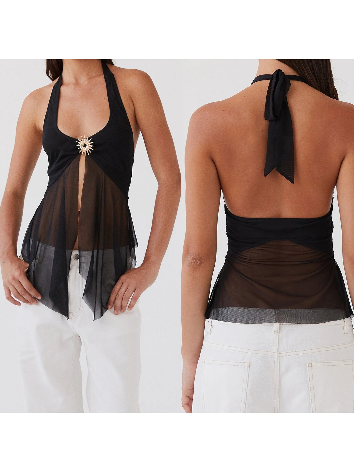 Vintage Lace Sleeveless Halter Top – Open Back Sheer Mesh Blouse for Edgy Street Style