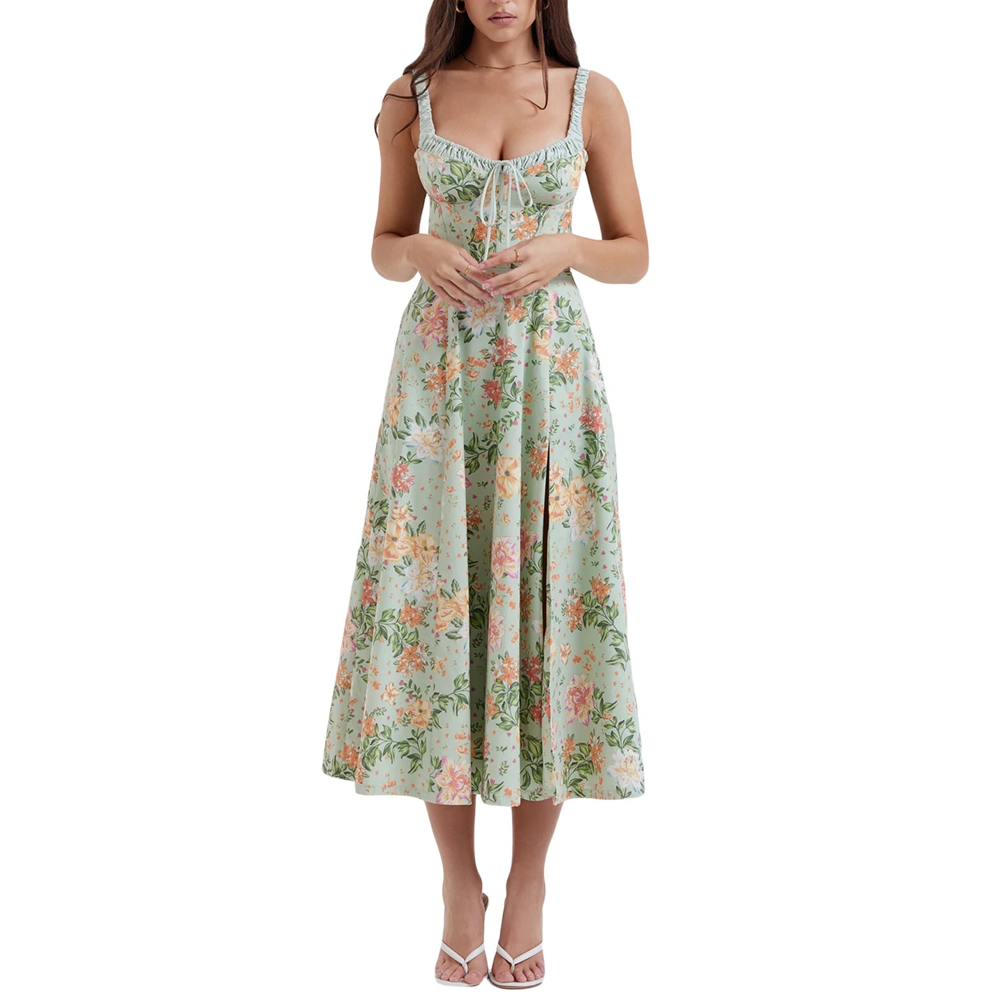 Women’s Summer Floral Midi Dress – Sleeveless Low-Cut Sling Backless Casual Fashion Dress