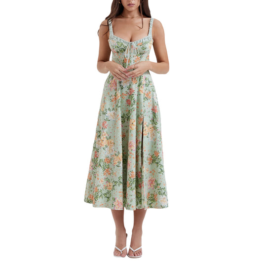 Women’s Summer Floral Midi Dress – Sleeveless Low-Cut Sling Backless Casual Fashion Dress