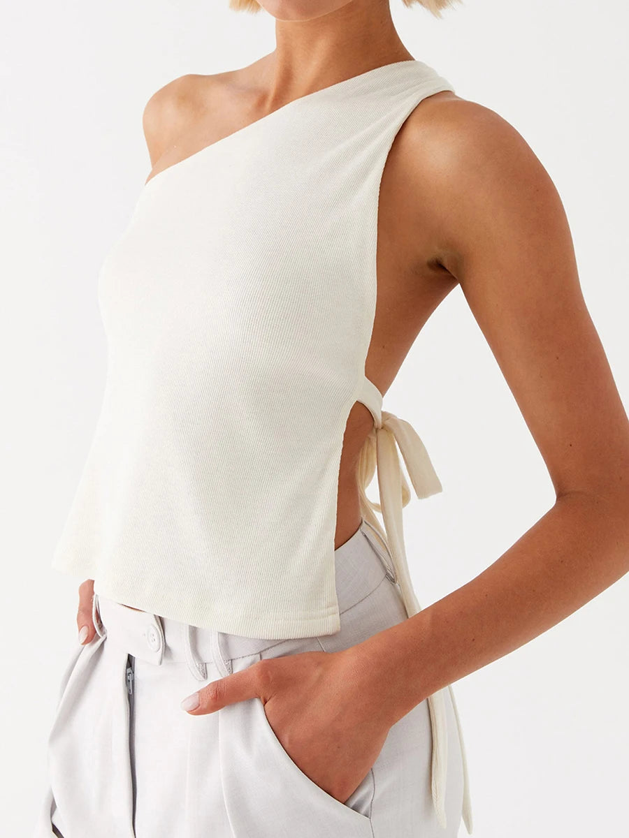 Elegant One-Shoulder Women’s Blouse – Sleeveless Summer Top with Stylish Side Knot Design