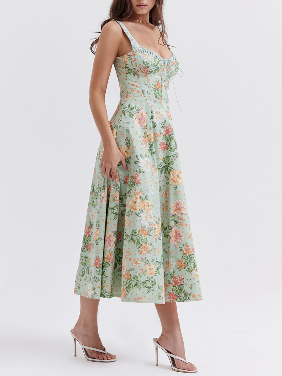 Women’s Summer Floral Midi Dress – Sleeveless Low-Cut Sling Backless Casual Fashion Dress