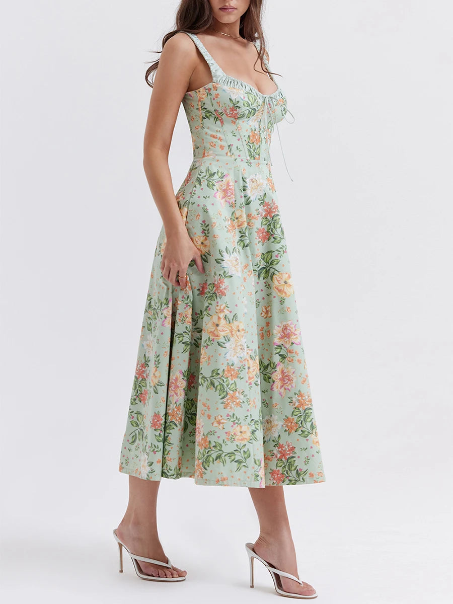 Women’s Summer Floral Midi Dress – Sleeveless Low-Cut Sling Backless Casual Fashion Dress