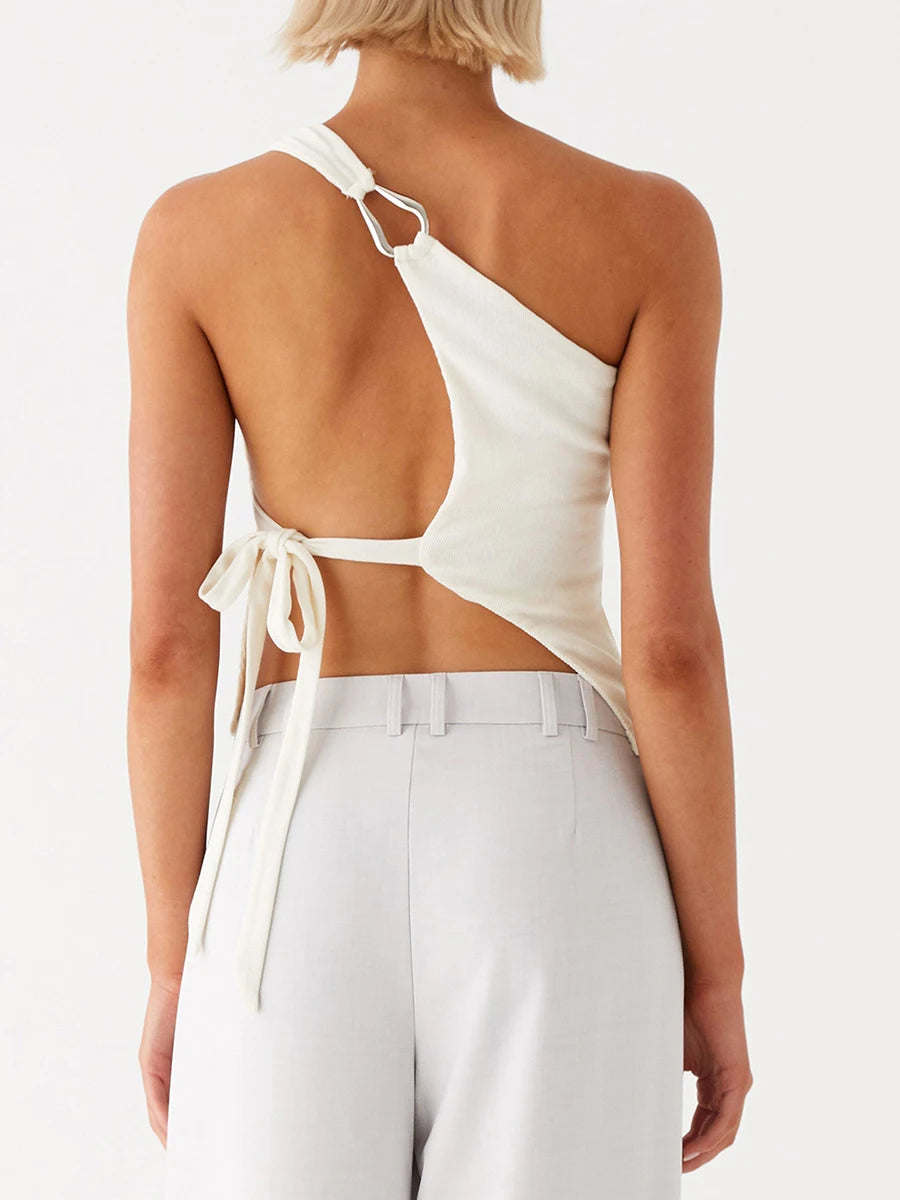 Elegant One-Shoulder Women’s Blouse – Sleeveless Summer Top with Stylish Side Knot Design