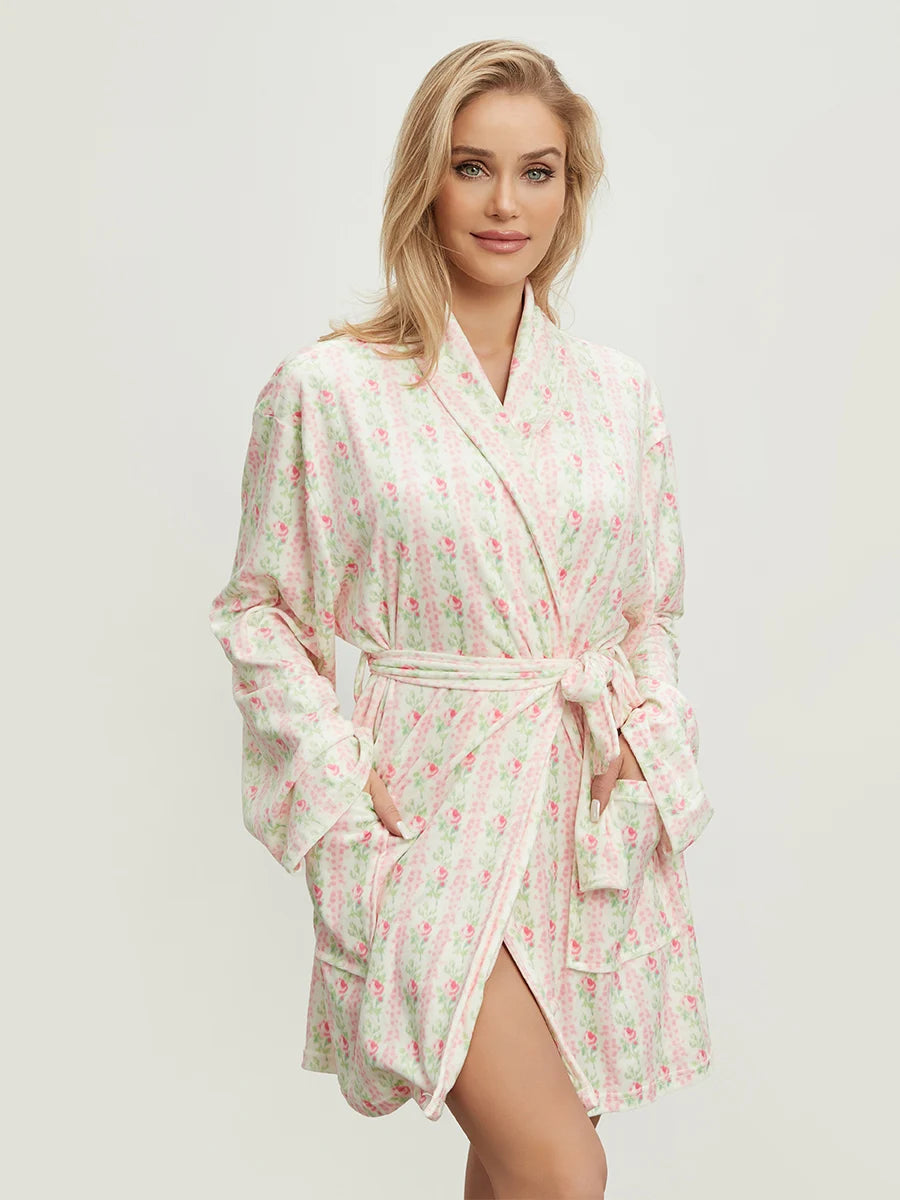 Elegant Floral Print Long Sleeve Belted Robe | Women's Lapel Collar Nightwear with Pockets.