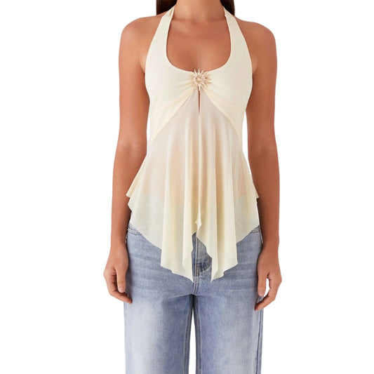 Vintage Lace Sleeveless Halter Top – Open Back Sheer Mesh Blouse for Edgy Street Style
