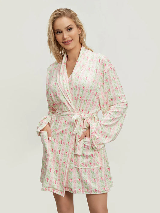 Elegant Floral Print Long Sleeve Belted Robe | Women's Lapel Collar Nightwear with Pockets.