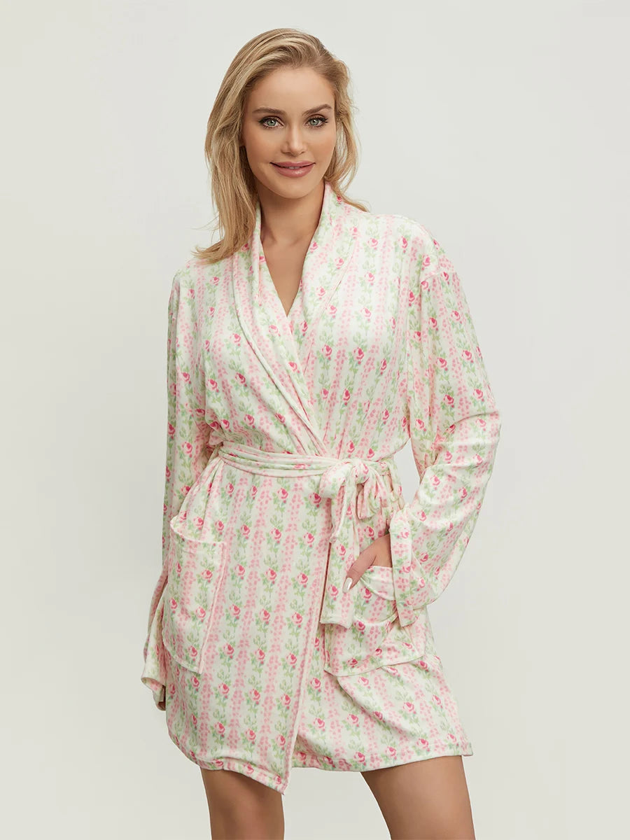 Elegant Floral Print Long Sleeve Belted Robe | Women's Lapel Collar Nightwear with Pockets.