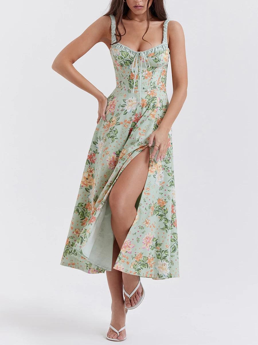 Women’s Summer Floral Midi Dress – Sleeveless Low-Cut Sling Backless Casual Fashion Dress