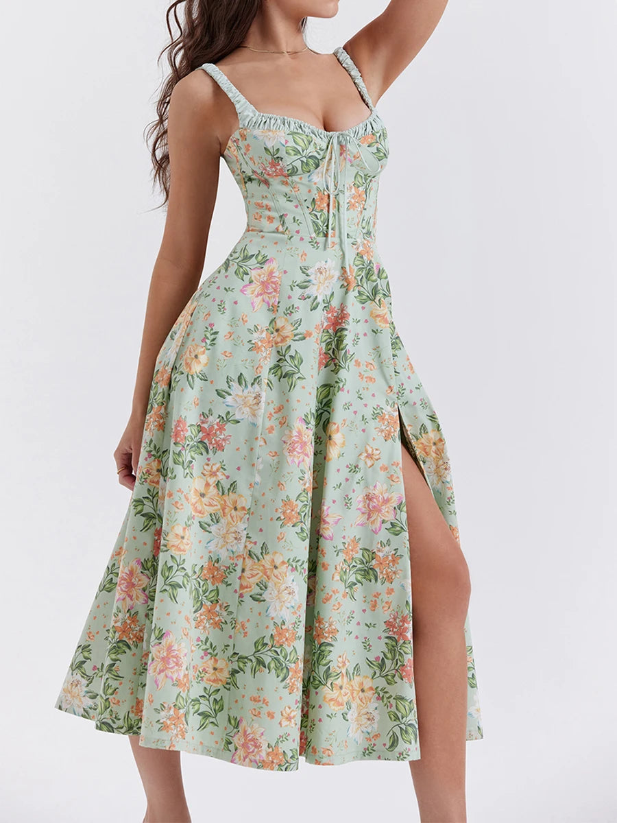 Women’s Summer Floral Midi Dress – Sleeveless Low-Cut Sling Backless Casual Fashion Dress