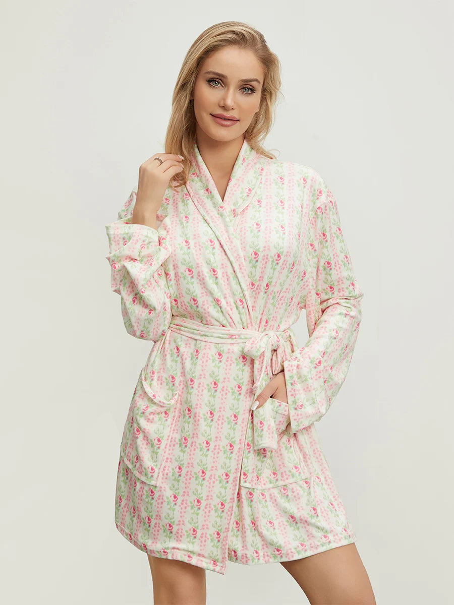 Elegant Floral Print Long Sleeve Belted Robe | Women's Lapel Collar Nightwear with Pockets.