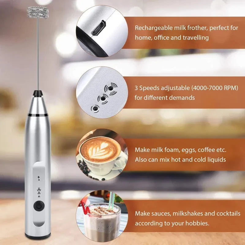 Portable Electric Milk Frother – USB Rechargeable Handheld Coffee Mixer & Egg Beater